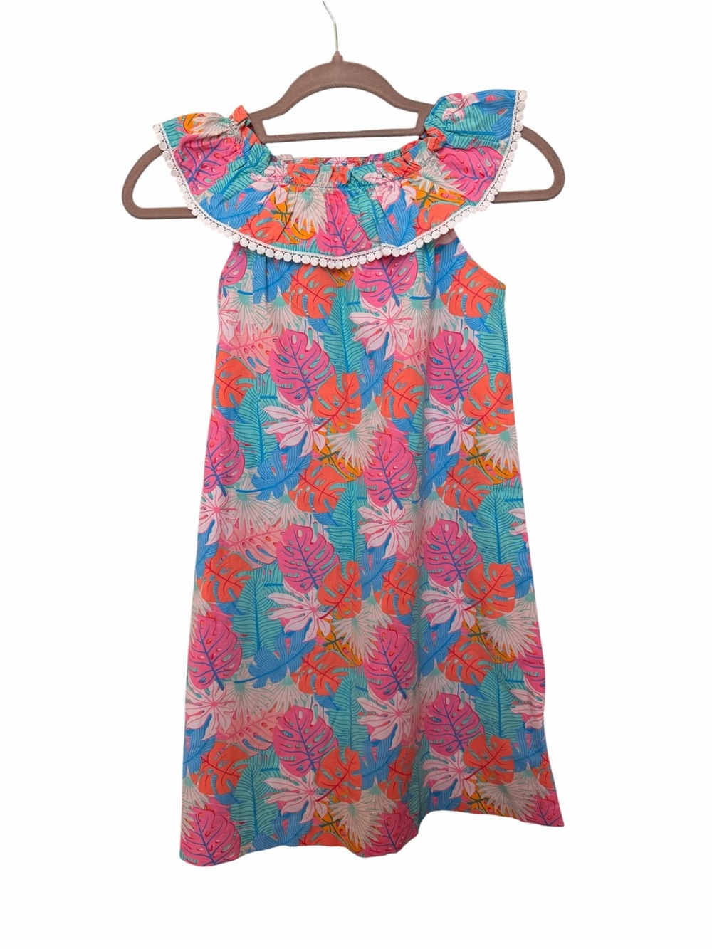 Kelly's Kids Tropical Ruffle Neck Dress - Pink, Blue & Orange